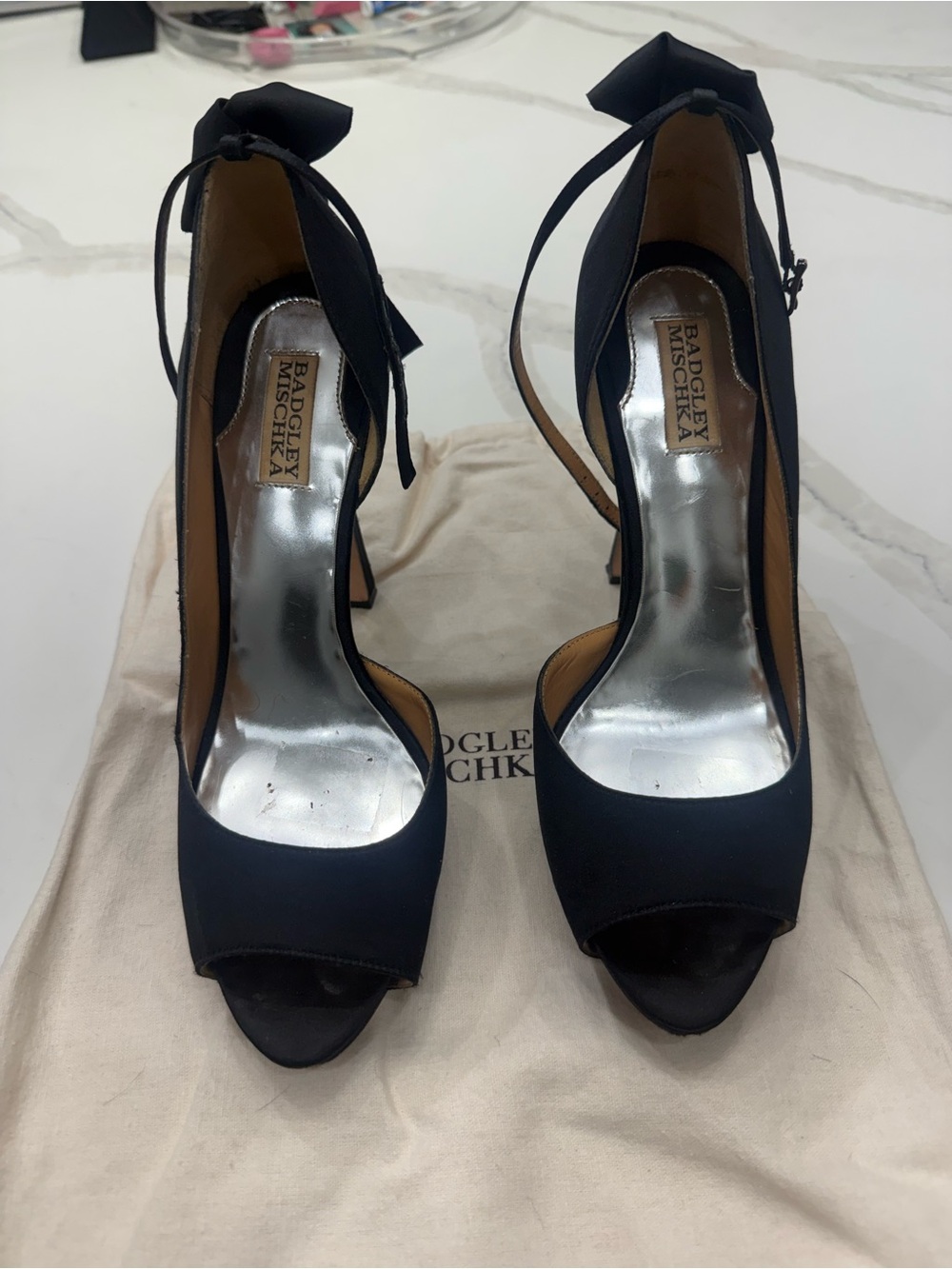 Badgley Mischka Black Satin Peep-Toe Ankle Tie Pumps
